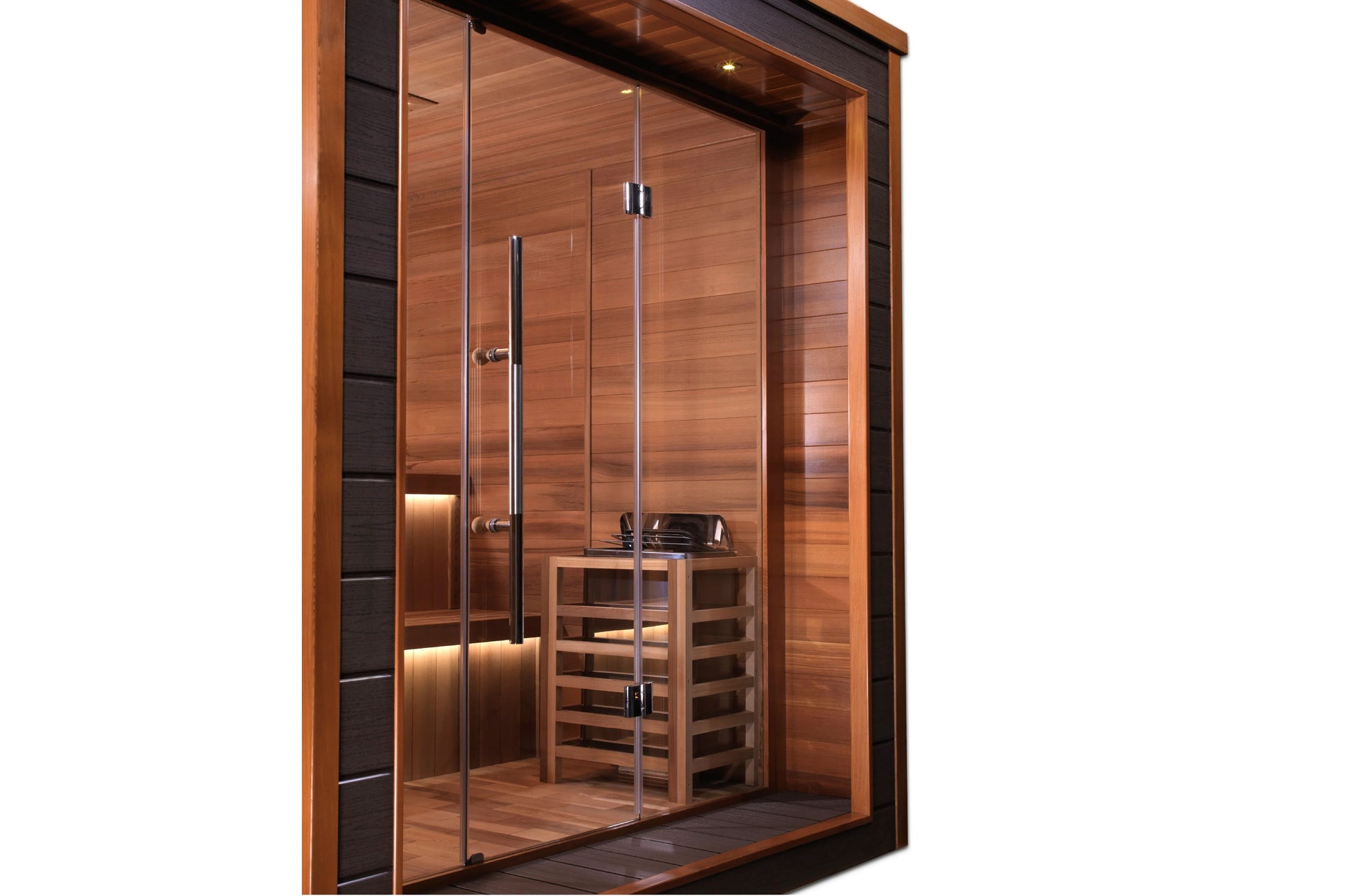 Golden Designs Bergen 6-person traditional sauna with cedar wood interior, glass doors with chrome handles, wooden bench seat