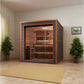 Golden Designs Bergen 6-person traditional sauna with orange and charcoal exterior, glass doors, and cedar interior in modern