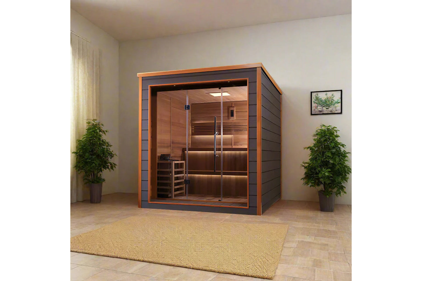 Golden Designs Bergen 6-person traditional sauna with orange and charcoal exterior, glass doors, and cedar interior in modern