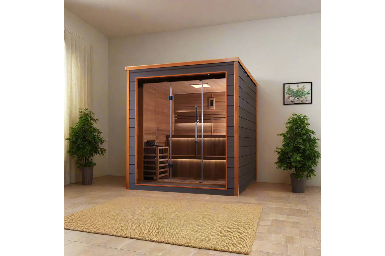 Golden Designs Bergen 6-person traditional sauna with orange and charcoal exterior, glass doors, and cedar interior in modern