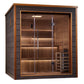 Golden Designs Bergen 6-person traditional sauna with cedar wood interior, glass doors, and ambient lighting on white backgro