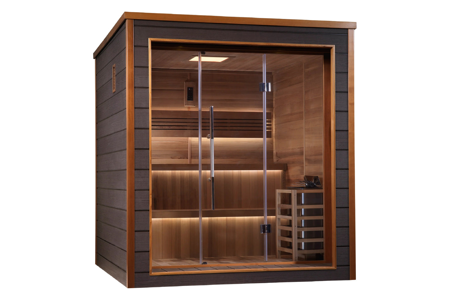 Golden Designs Bergen 6-person traditional sauna with cedar wood interior, glass doors, and ambient lighting on white backgro