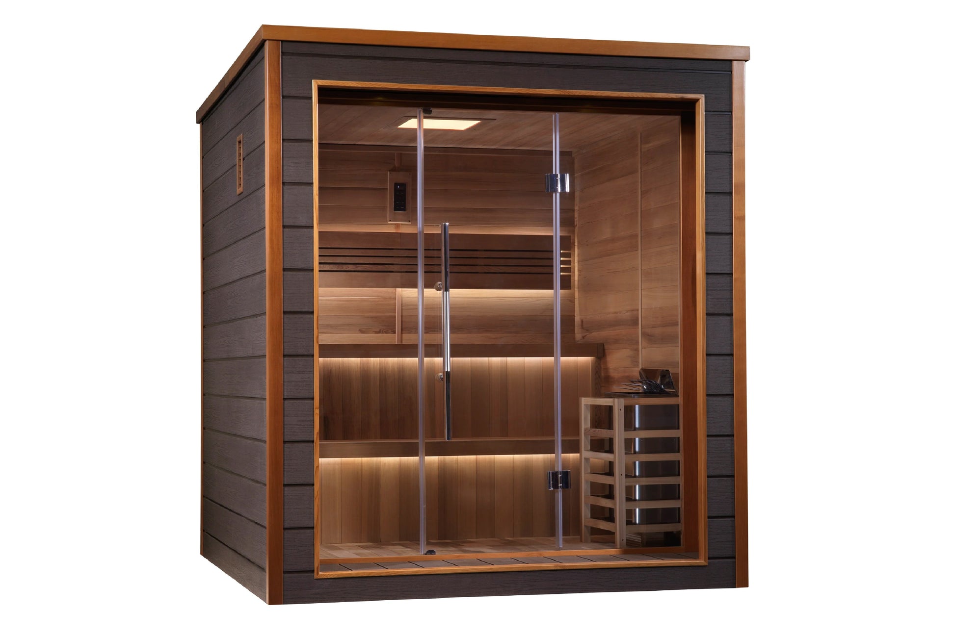 Golden Designs Bergen 6-person traditional sauna with cedar wood interior, glass doors, and ambient lighting on white backgro
