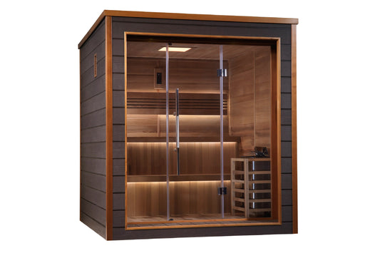 Golden Designs Bergen 6-person traditional sauna with cedar wood interior, glass doors, and ambient lighting on white backgro