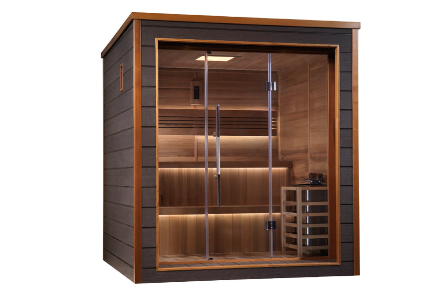 Golden Designs Bergen 6-person indoor sauna with cedar interior, glass doors, and LED lighting on white background