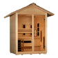 Golden Designs Carinthia 3-person hybrid outdoor sauna, cedar wood construction with peaked roof, glass door, and interior be
