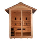 Golden Designs Carinthia 3-person hybrid outdoor sauna with cedar wood construction, pitched roof, glass doors, and interior 