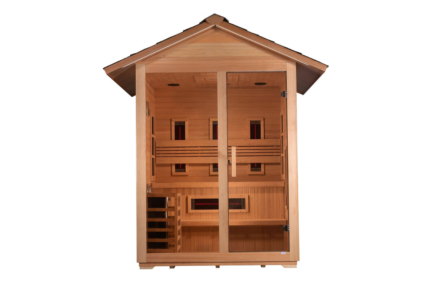 Golden Designs Carinthia 3-person hybrid outdoor sauna with cedar wood construction, pitched roof, glass doors, and interior 