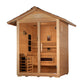 Golden Designs Carinthia 3-person hybrid outdoor sauna with wood construction, glass door, benches, and peaked roof on white 