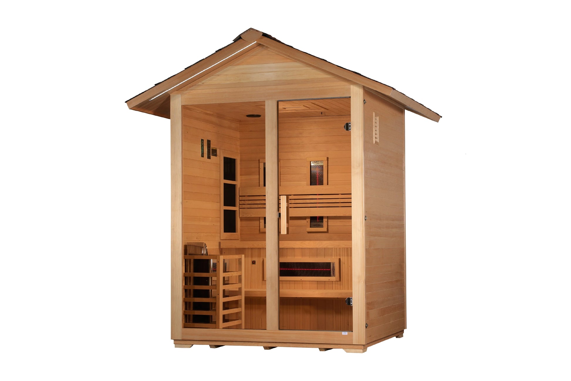 Golden Designs Carinthia 3-person hybrid outdoor sauna with wood construction, glass door, benches, and peaked roof on white 
