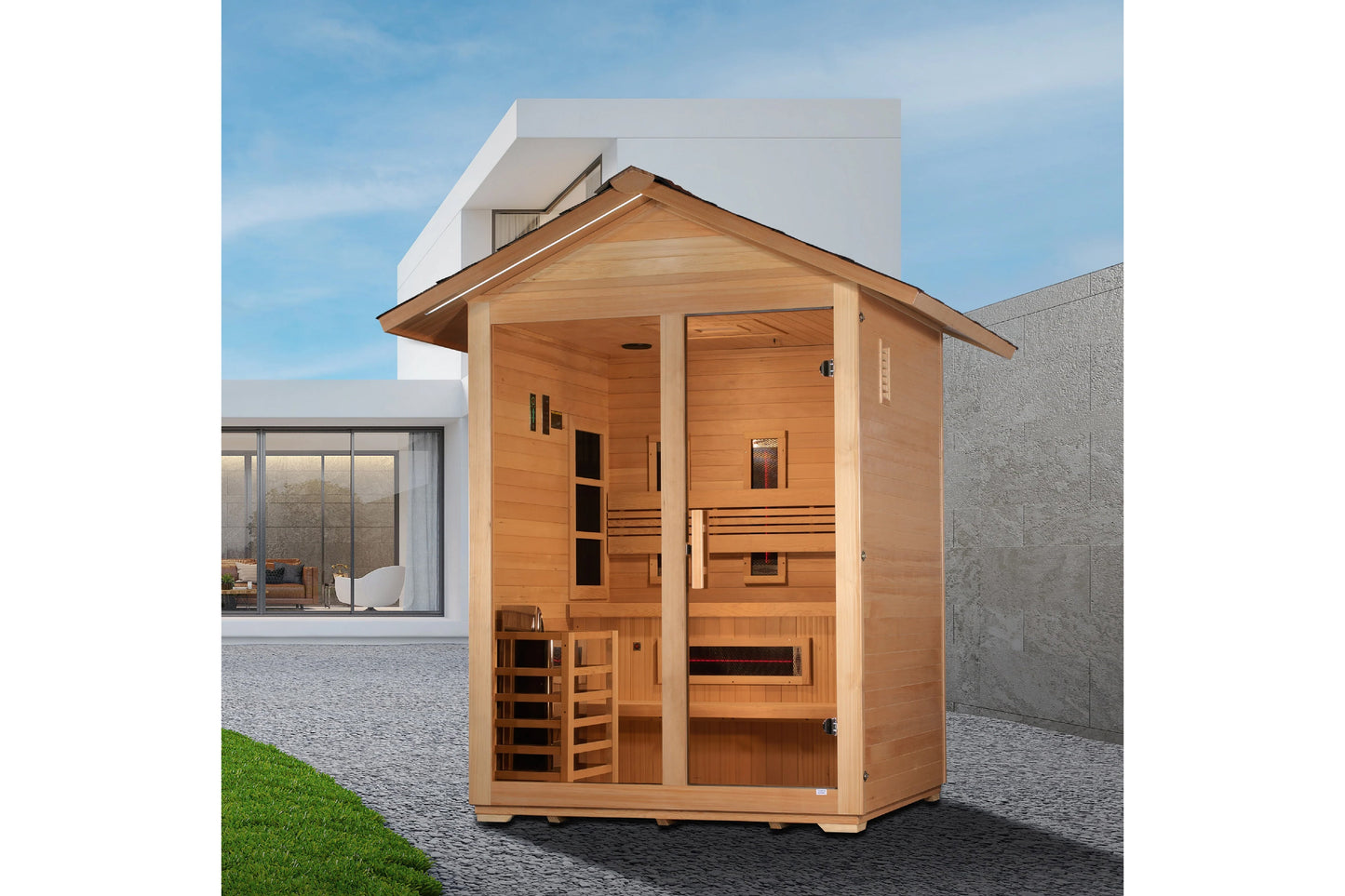 Golden Designs Carinthia 3-person hybrid sauna with natural cedar wood exterior, gabled roof, and glass door in backyard sett
