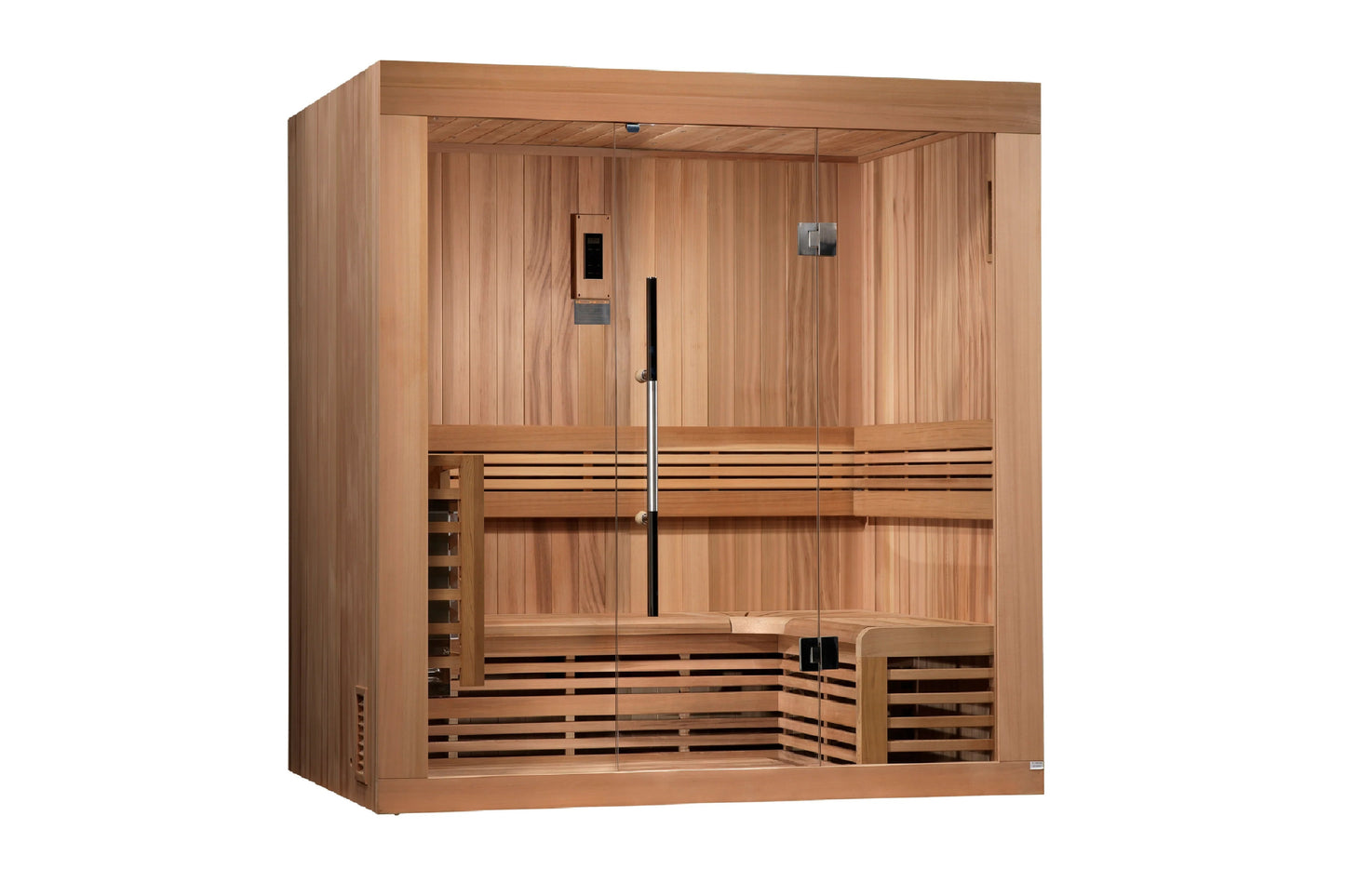Golden Designs Copenhagen 3 person traditional sauna with cedar wood construction, glass doors, and slatted benches on white 