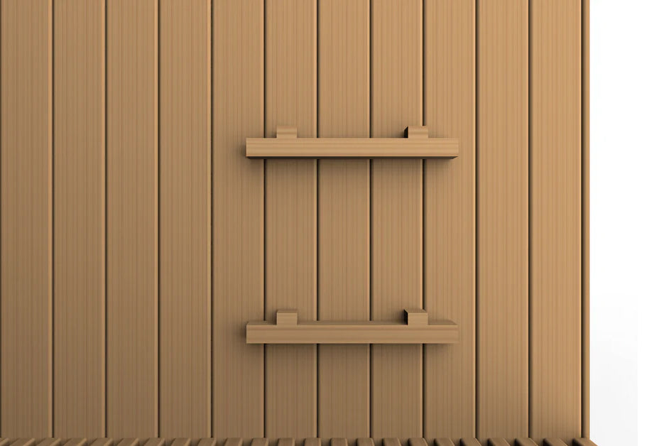 Natural wood sauna interior with vertical paneling and two wooden shelves mounted on the wall