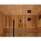 Golden Designs Copenhagen 3 person traditional sauna with light wood interior, bench seating, glass door, and recessed ceilin