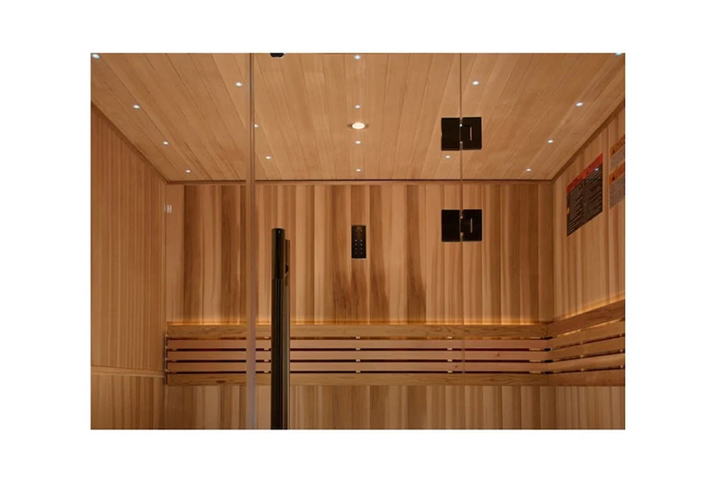Golden Designs Copenhagen 3 person traditional sauna with light wood interior, bench seating, glass door, and recessed ceilin