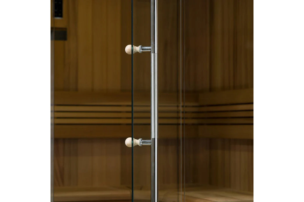 Golden Designs Copenhagen sauna glass door with chrome handles and pearl knobs, showing wood interior with benches visible th