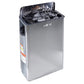 Harvia stainless steel sauna heater with black lid open, displaying rocks inside, on white background