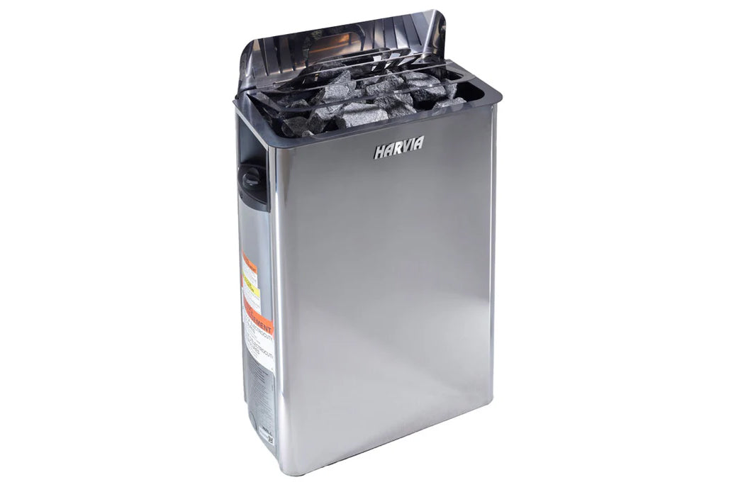 Harvia stainless steel sauna heater with black lid open, displaying rocks inside, on white background