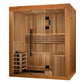 Golden Designs Copenhagen 3-person traditional sauna with light wood interior, glass door, bench seating, control panel, and 
