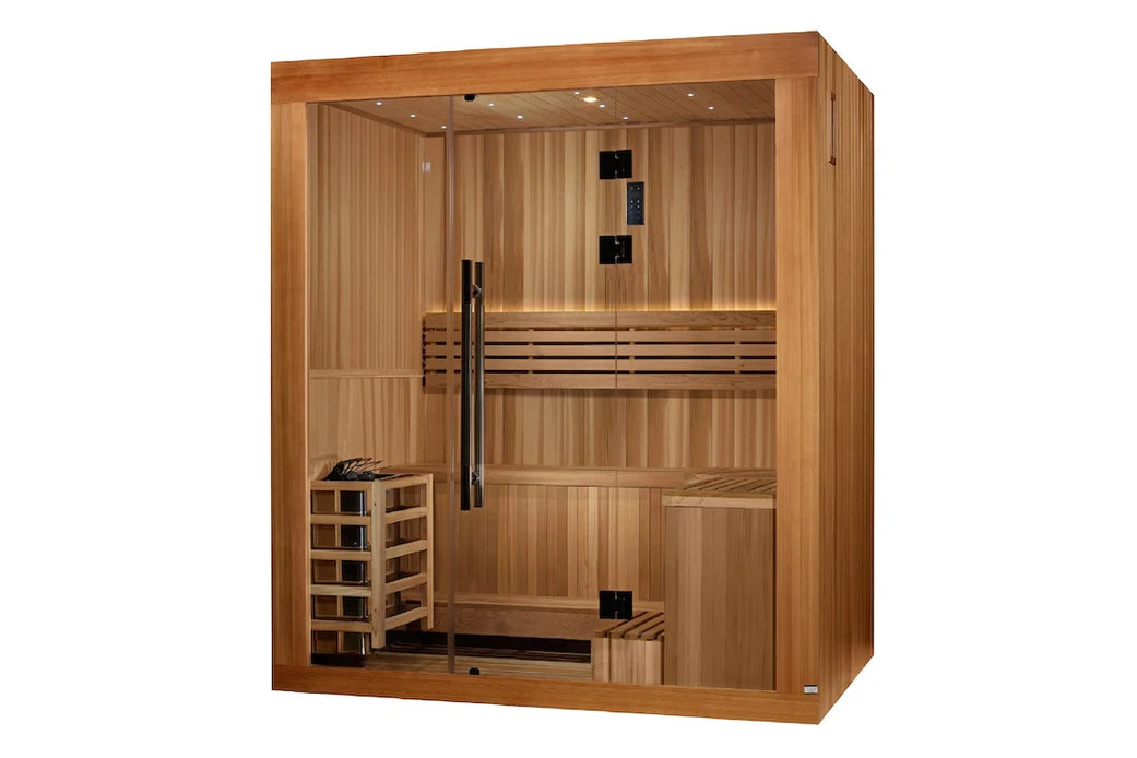 Golden Designs Copenhagen 3-person traditional sauna with light wood interior, glass door, bench seating, control panel, and 