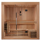 Golden Designs Copenhagen traditional sauna with cedar wood interior, glass door, bench seating for three, and black control 