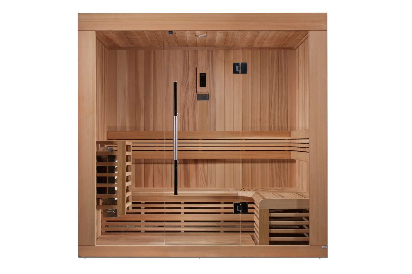 Golden Designs Copenhagen traditional sauna with cedar wood interior, glass door, bench seating for three, and black control 