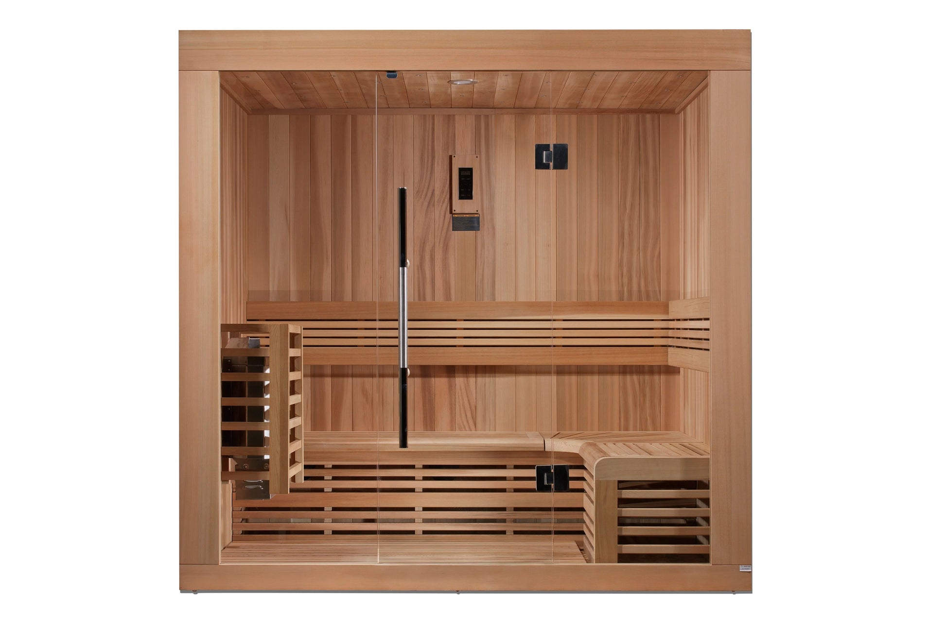 Golden Designs Copenhagen traditional sauna with cedar wood interior, glass door, bench seating for three, and black control 