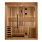 Golden Designs Copenhagen sauna cabin with light wood construction, glass door, bench seating for three, interior heater, and