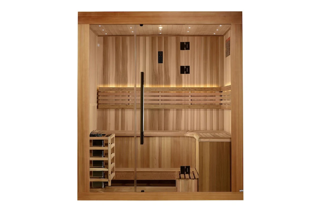 Golden Designs Copenhagen sauna cabin with light wood construction, glass door, bench seating for three, interior heater, and