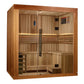 Golden Designs Copenhagen 3-person traditional sauna with cedar wood exterior, glass doors, wooden benches, and interior ligh