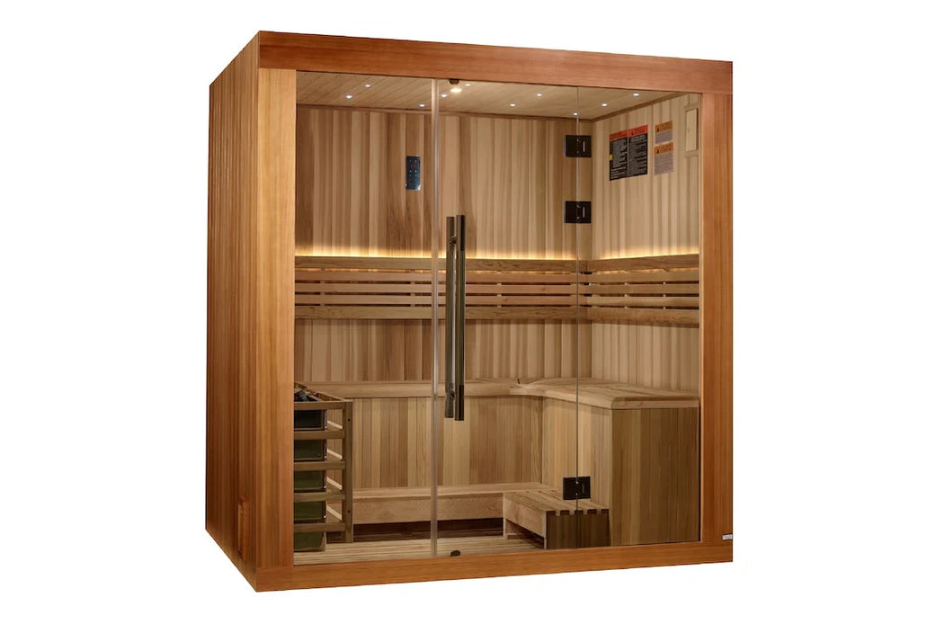 Golden Designs Copenhagen 3-person traditional sauna with cedar wood exterior, glass doors, wooden benches, and interior ligh
