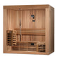 Golden Designs Copenhagen 3 person traditional sauna with cedar wood construction, glass door, and built-in bench seating on 
