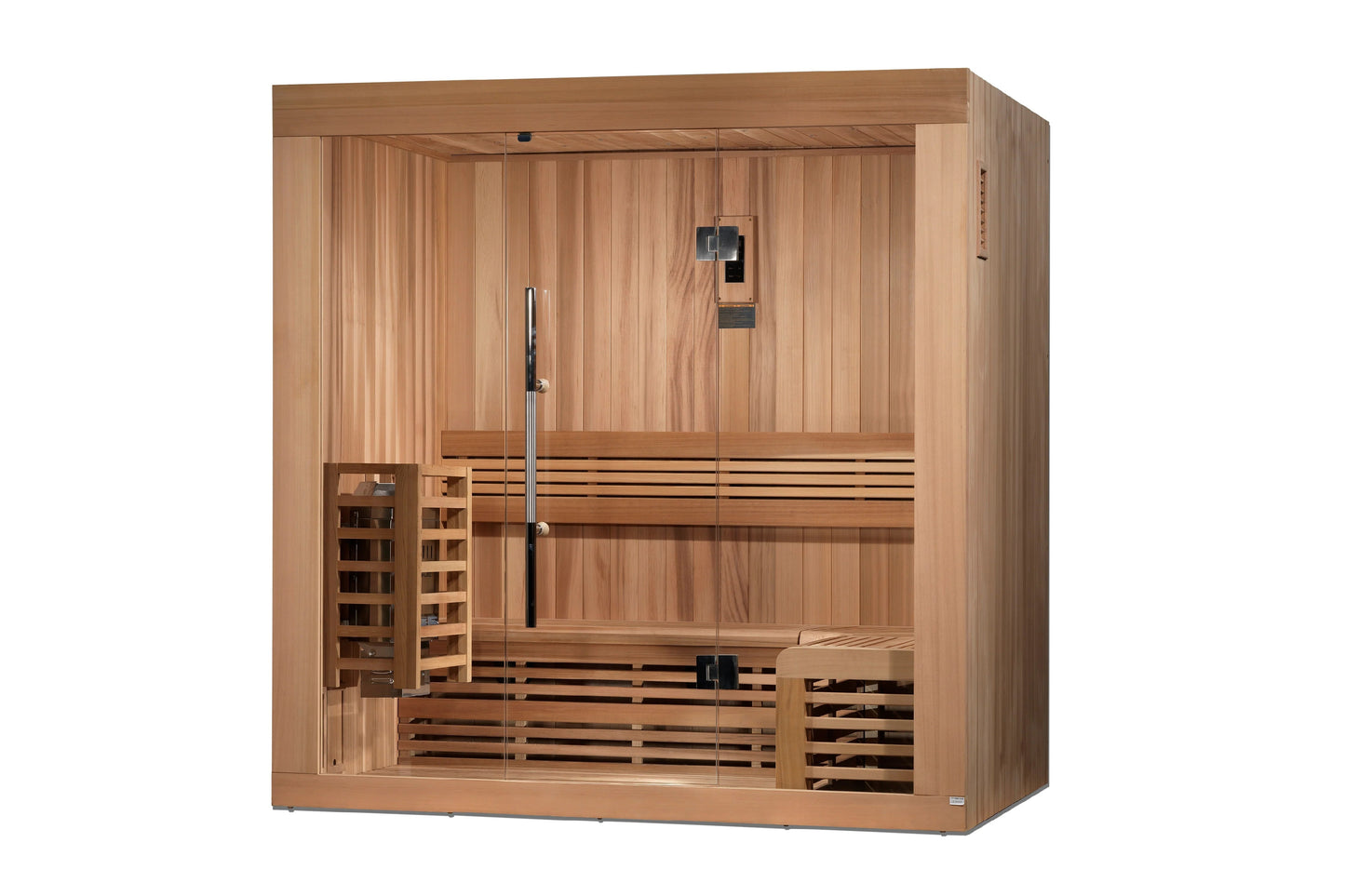 Golden Designs Copenhagen 3 person traditional sauna with cedar wood construction, glass door, and built-in bench seating on 