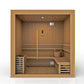 Golden Designs Copenhagen 3-person sauna with light wood interior, bench seating, stainless steel heater, and bucket on white