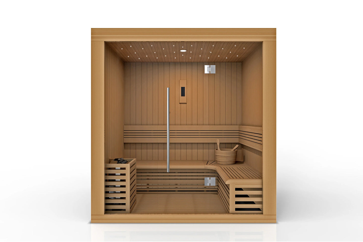 Golden Designs Copenhagen 3-person sauna with light wood interior, bench seating, stainless steel heater, and bucket on white