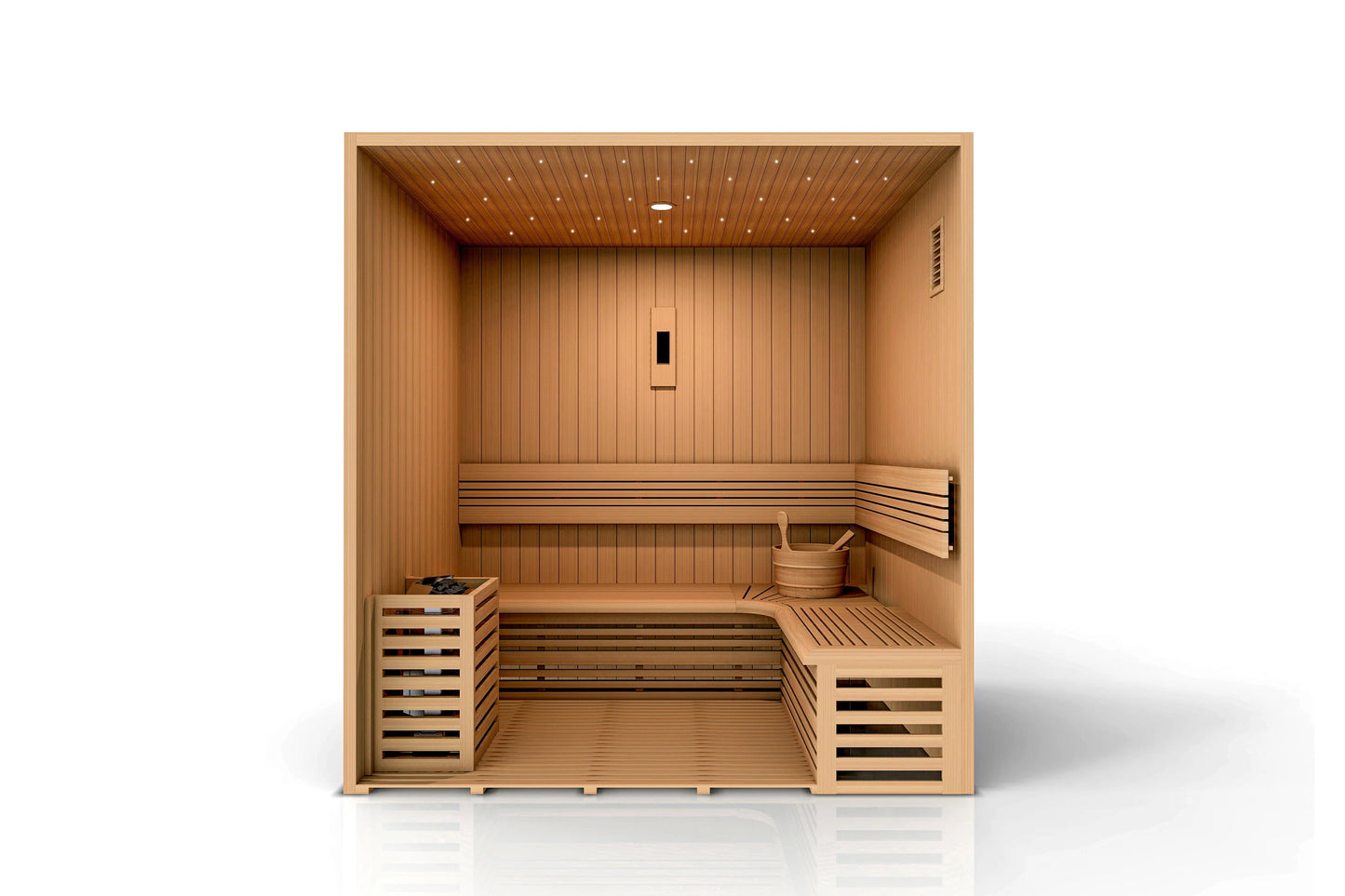 Golden Designs Copenhagen 3-person traditional sauna with light wood construction, tiered bench seating, backrest, interior l