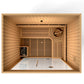 Golden Designs Copenhagen 3-person infrared sauna with light wood interior, slatted benches, and control panel, overhead view