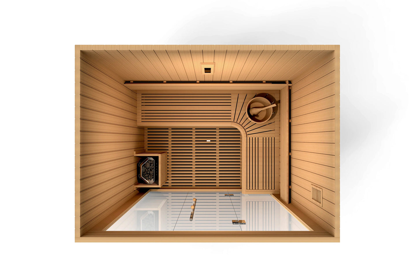 Golden Designs Copenhagen 3-person infrared sauna with light wood interior, slatted benches, and control panel, overhead view