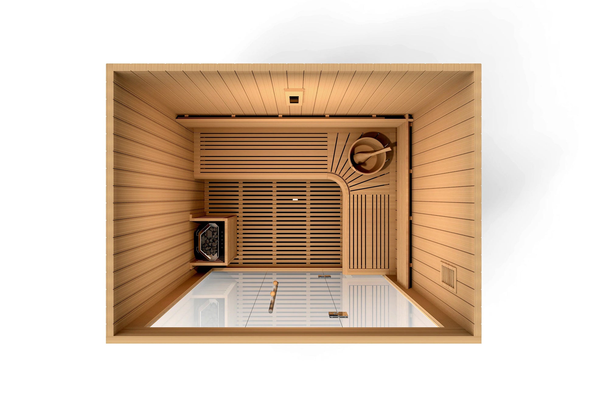 Golden Designs Copenhagen 3-person infrared sauna with light wood interior, slatted benches, and control panel, overhead view
