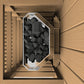 Top-down view of sauna interior with white frame and black volcanic rocks inside wooden structure