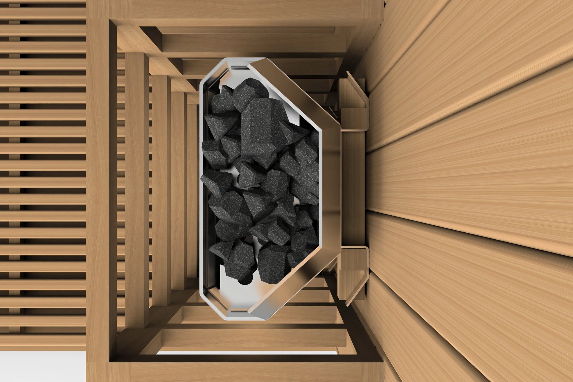 Top-down view of sauna interior with white frame and black volcanic rocks inside wooden structure