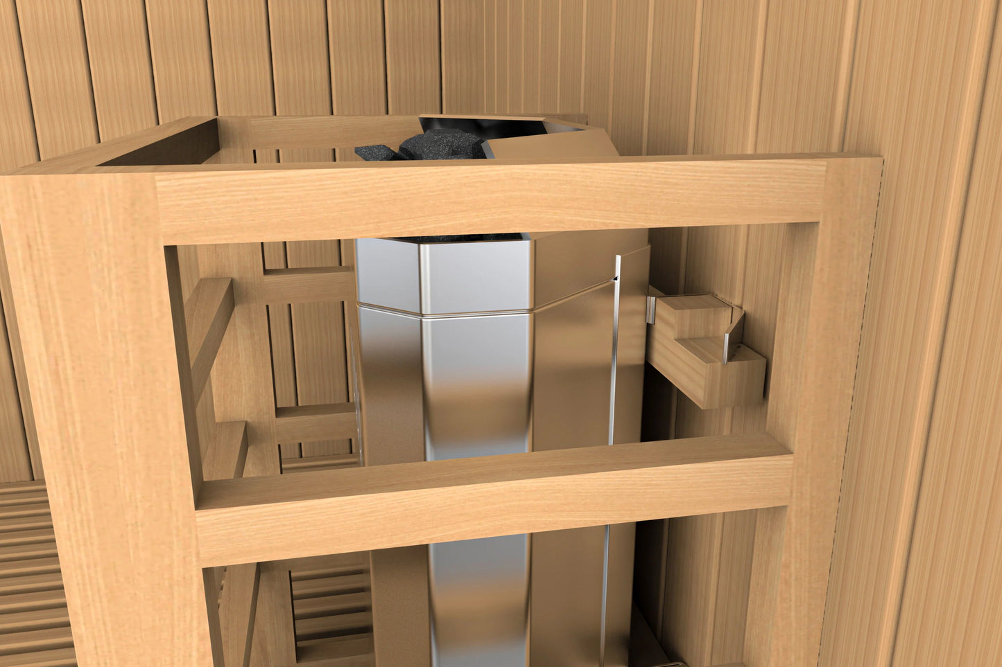 Light wood sauna with glass door and benches, viewed from front interior angle showing seating layout