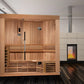 Golden Designs Copenhagen three-person traditional sauna with light wood construction, glass doors, bench seating, and contro