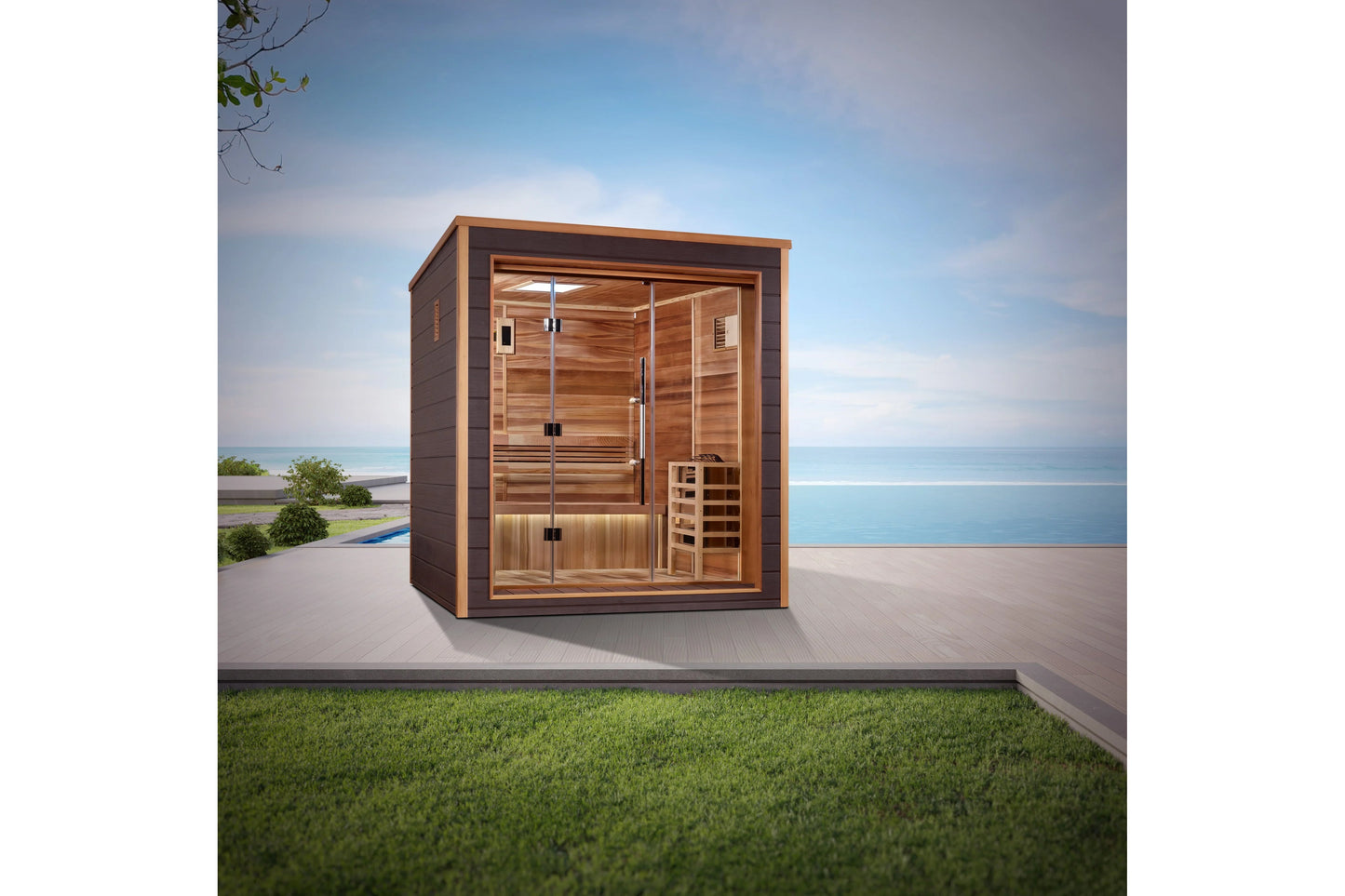 Golden Designs Drammen 3-person traditional sauna with cedar wood interior, glass front doors, and bench seating on coastal p