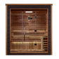 Golden Designs Drammen traditional sauna with cedar wood interior, glass door, bench seating, and control panel on dark exter