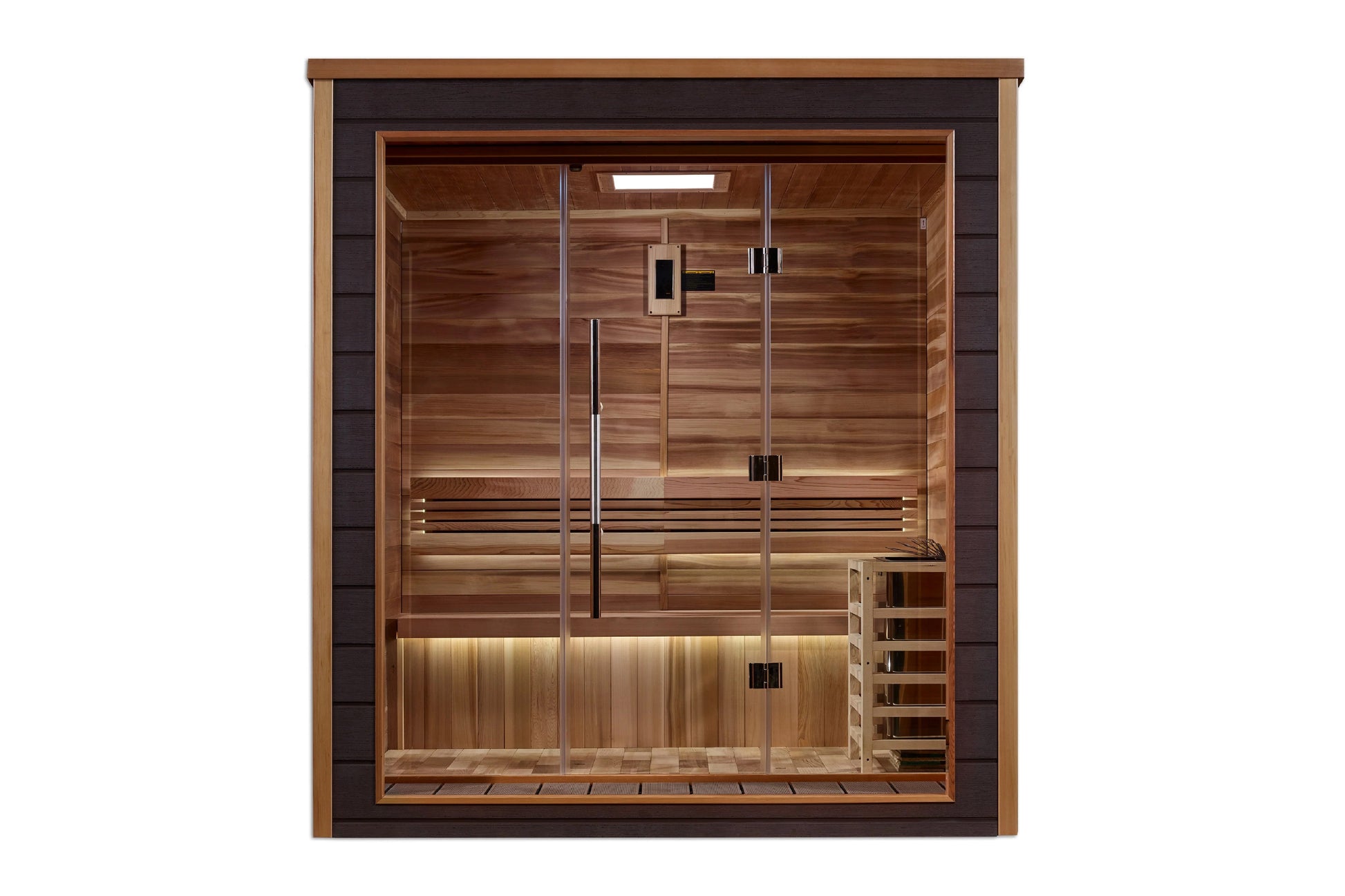 Golden Designs Drammen traditional sauna with cedar wood interior, glass door, bench seating, and control panel on dark exter