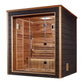 Golden Designs Drammen 3-person traditional sauna with cedar wood interior, glass doors, and dark exterior frame on white bac
