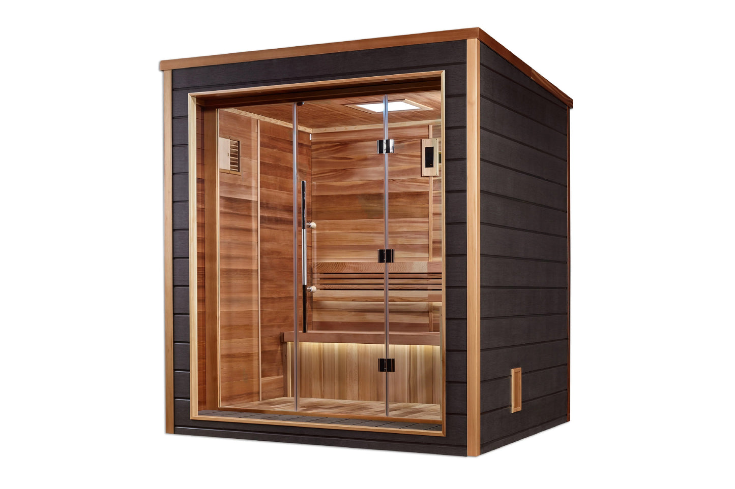 Golden Designs Drammen 3-person traditional sauna with cedar wood interior, glass doors, and dark exterior frame on white bac