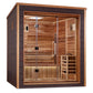 Golden Designs Drammen sauna with dark brown exterior frame, light wood interior, glass doors, built-in benches, and infrared