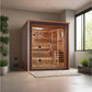 Golden Designs Drammen traditional sauna with light wood interior, glass doors, and built-in benches in modern bathroom setti